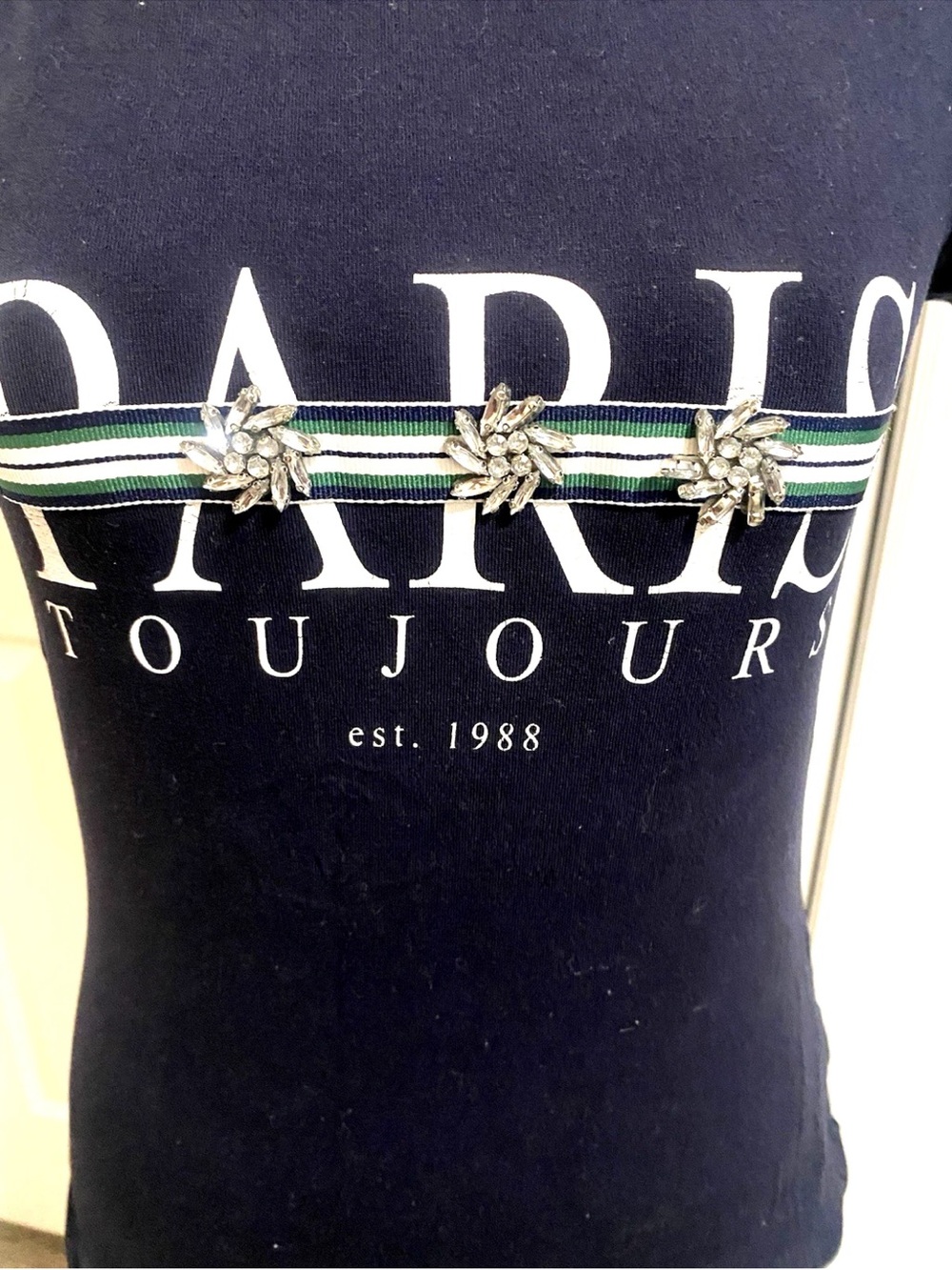 From France Morgan de toi chic Paris Navy Stretch Graphic Tee with gemstones - Picture 3 of 4